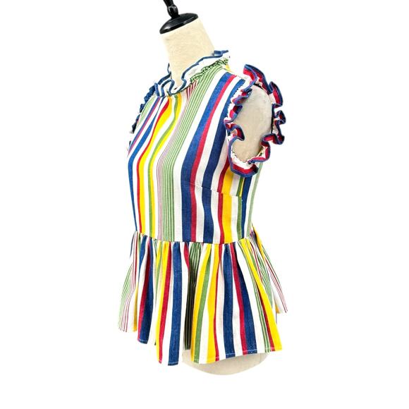 Studio 189 Technicolor Stripe Ruffle Trim Sleeveless Peplum Top Organic Cotton - Picture 6 of 16